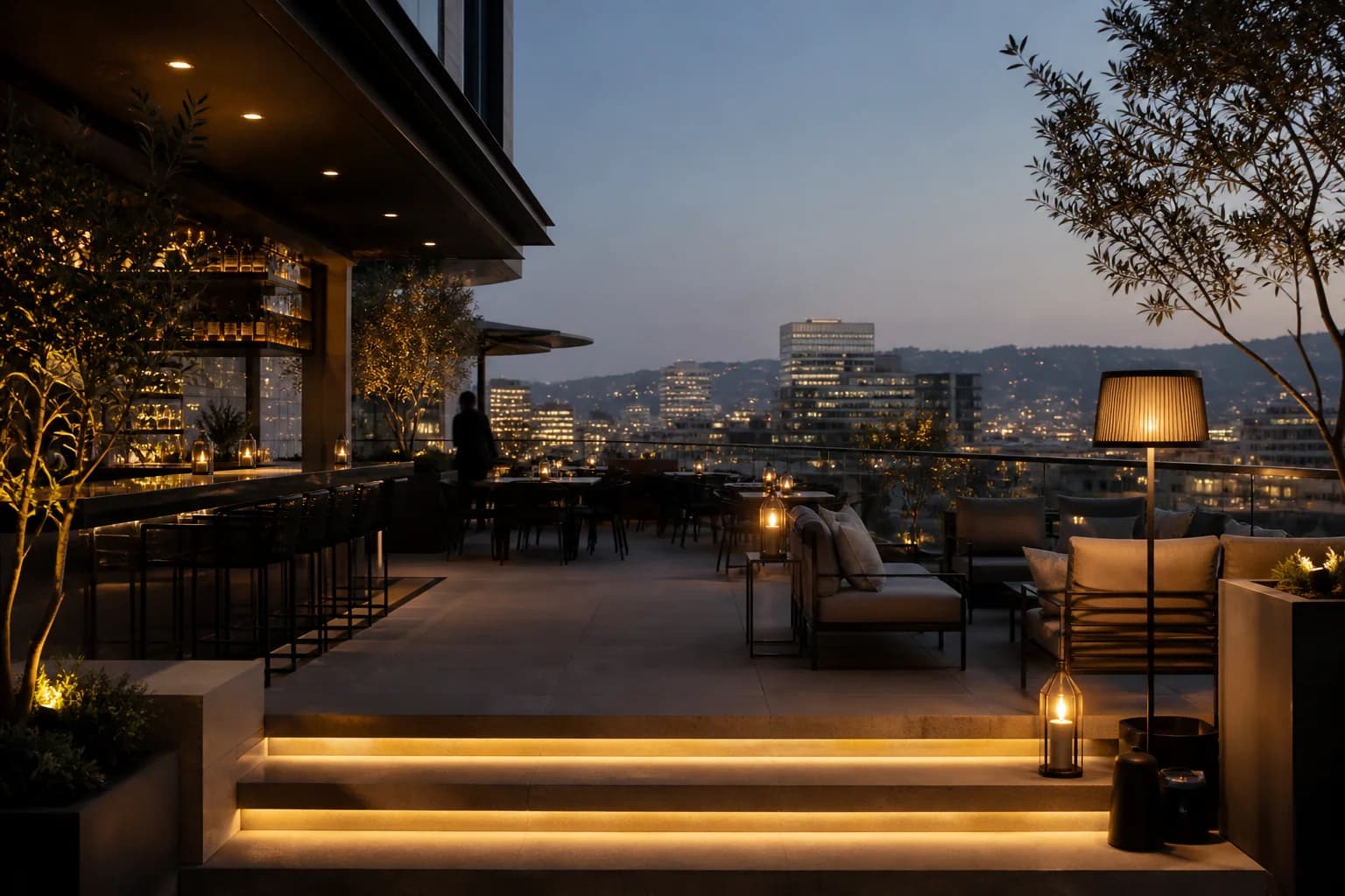 Fictional rooftop hospitality environment used for Code 4 art direction