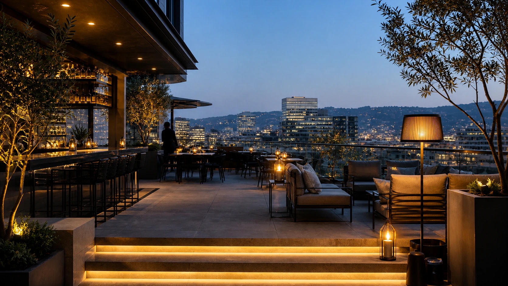 Fictional Los Angeles rooftop hospitality environment