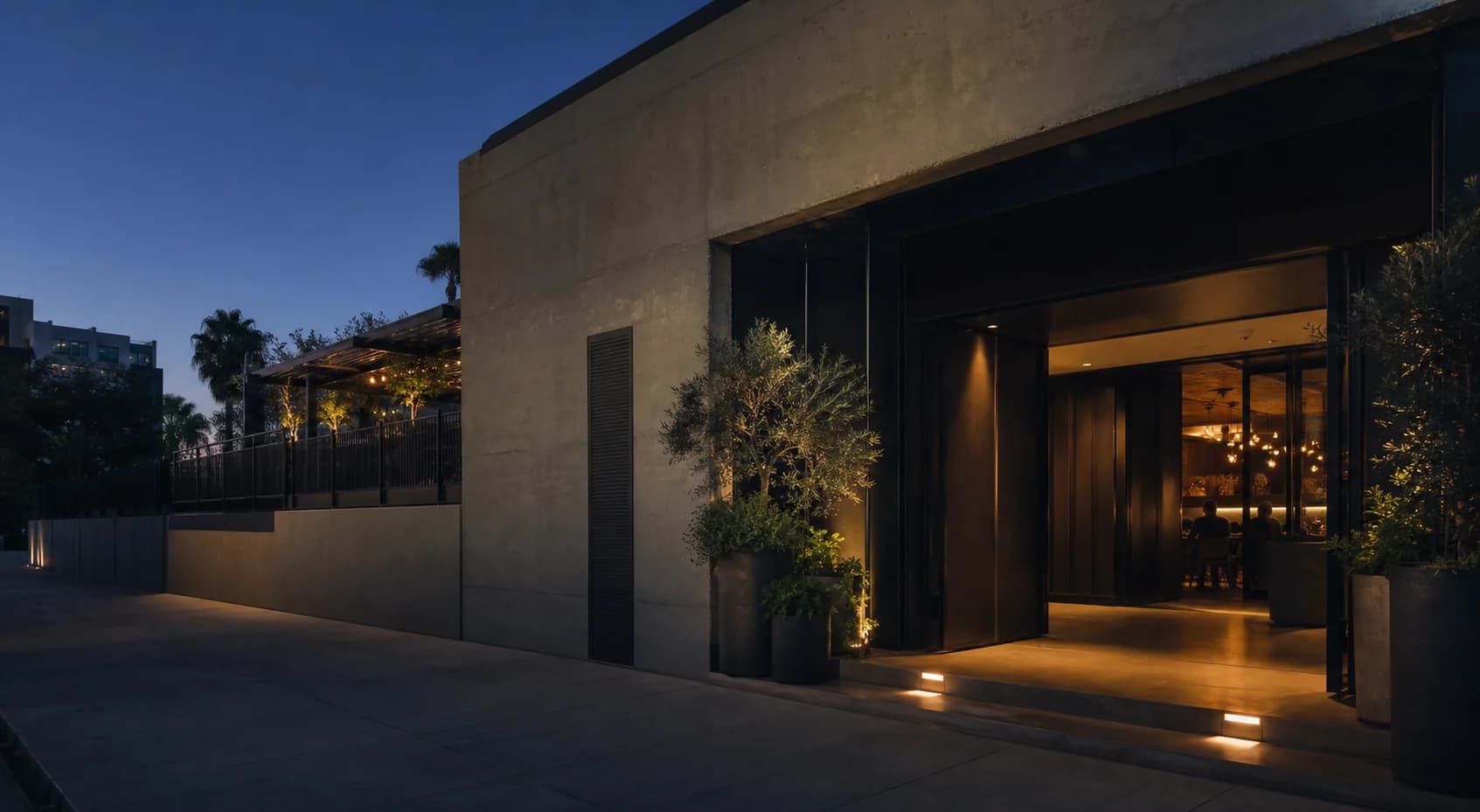 Fictional evening commercial entrance used for Code 4 art direction
