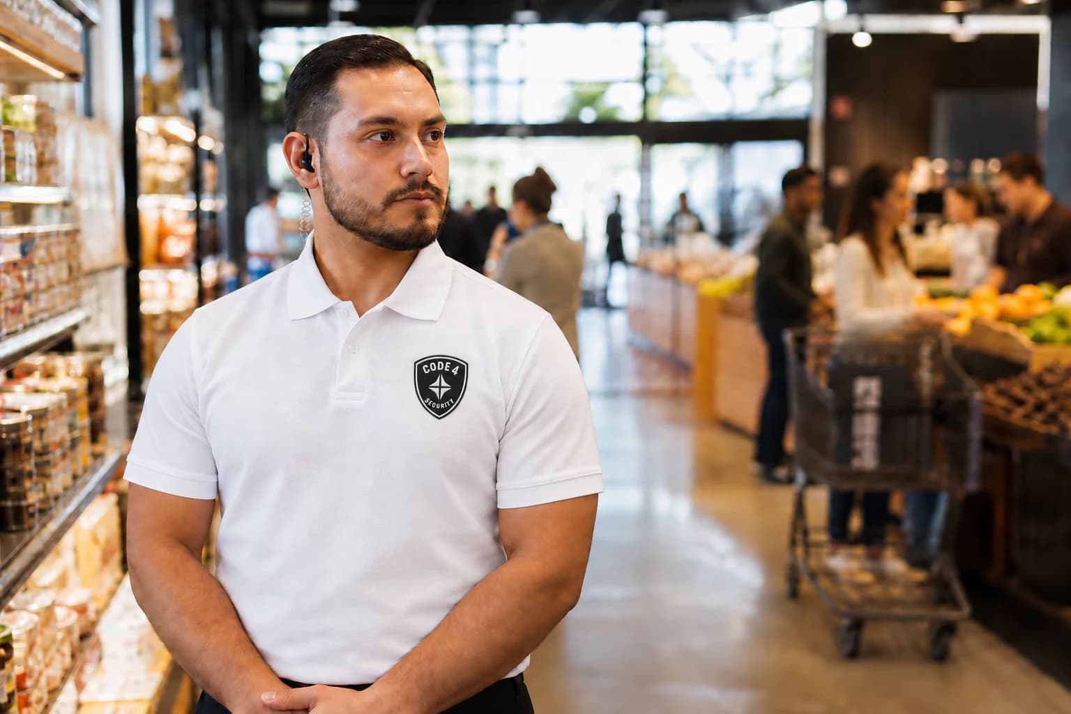 Fictional Code 4 security employee in a branded white short-sleeve uniform in a neighborhood retail environment